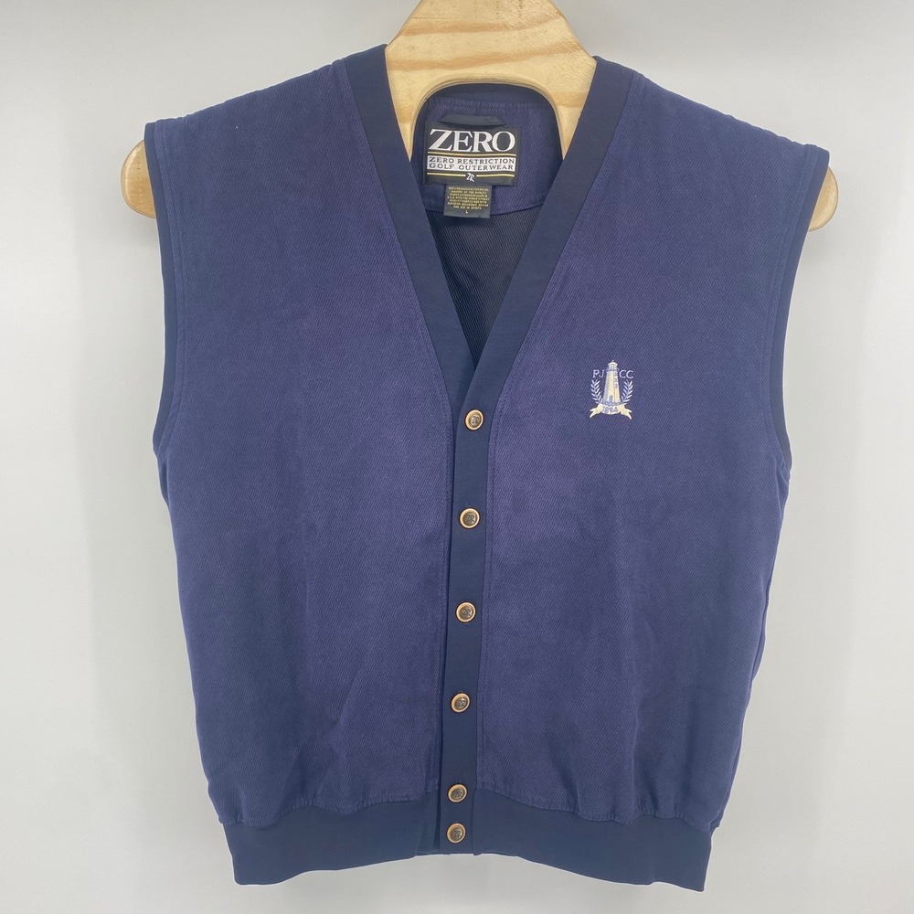Zero Restriction Golf Vest‎ Mens L Navy Blue Button Front Poly Suede